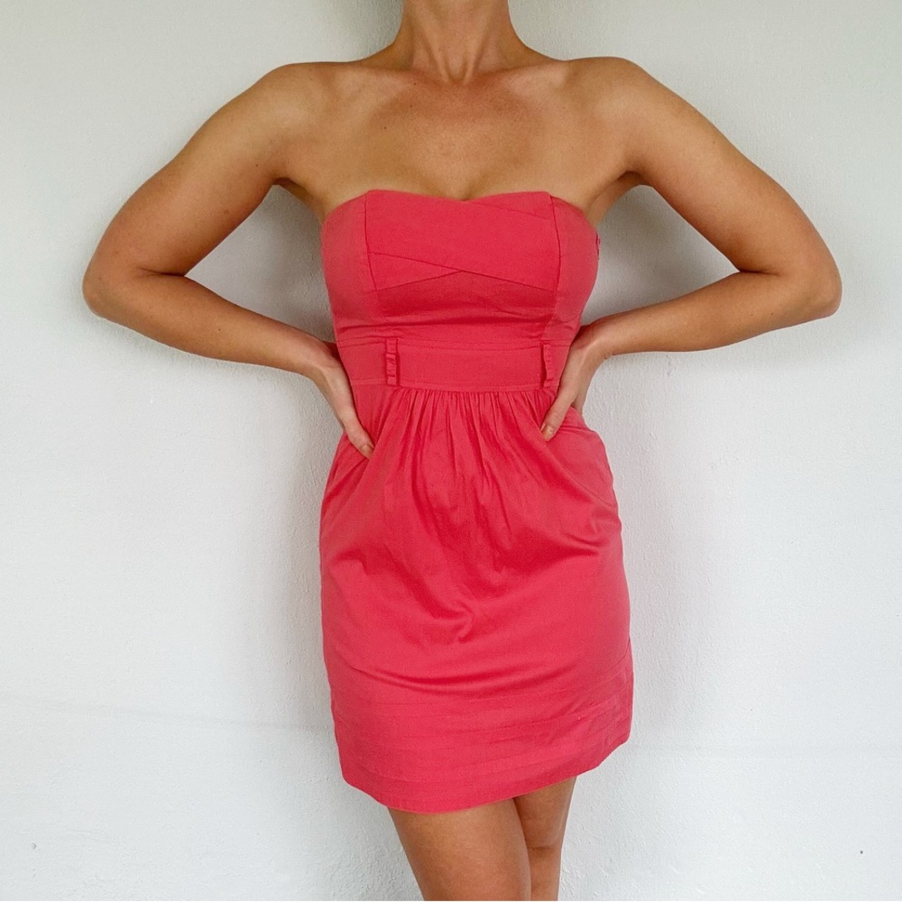 Guess pink strapless sweetheart neckline smocked cotton mini dress size XS